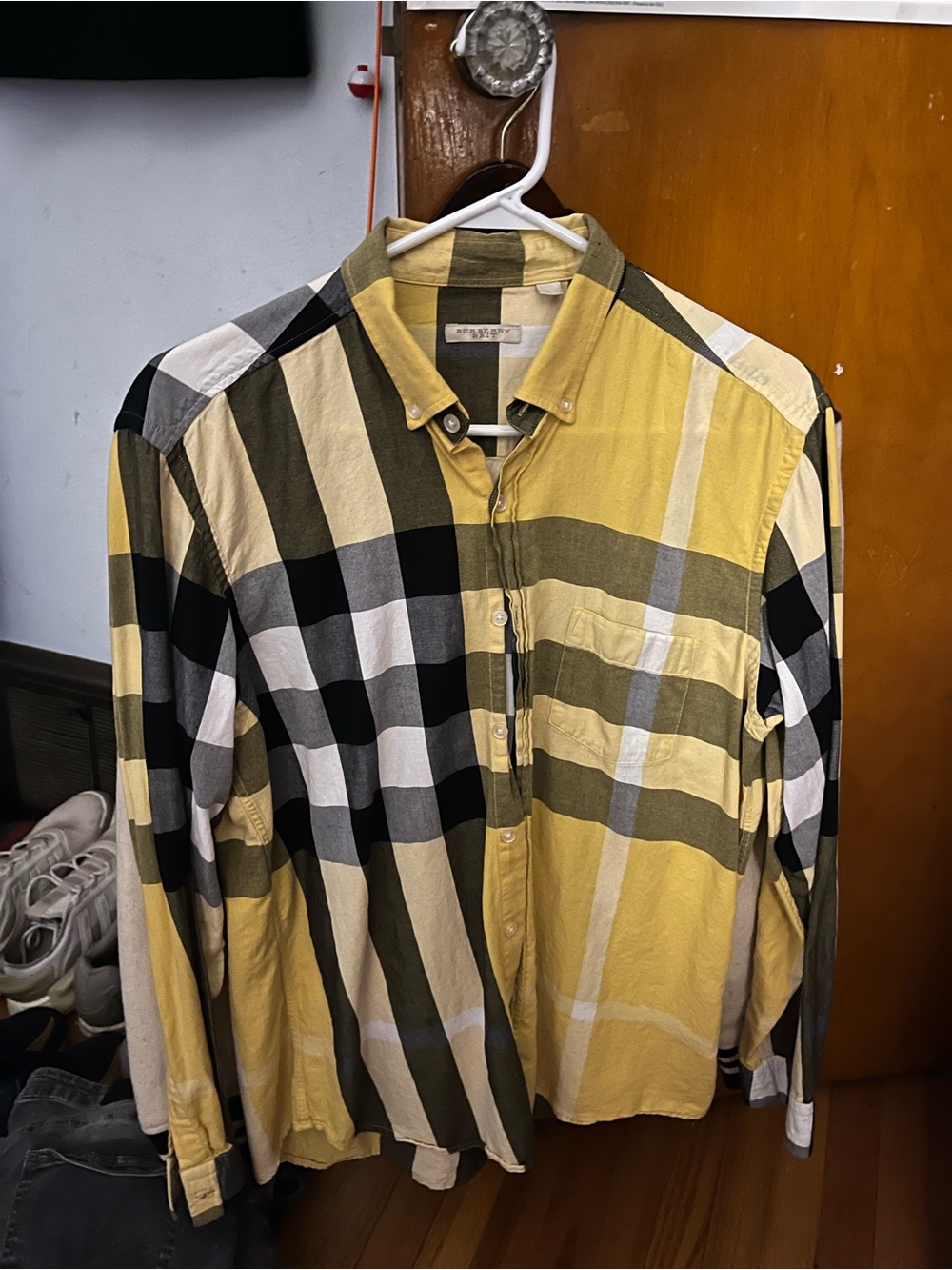 Burberry Yellow and Black Large Plaid Button-Down Shirt